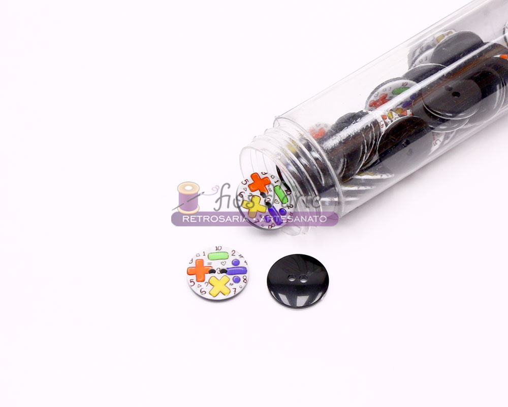 Botões de plástico com padrão matemático e botões pretos num frasco transparente