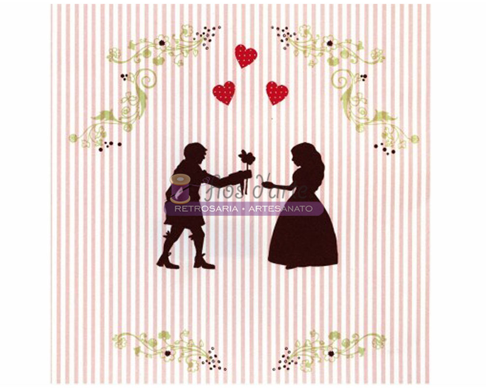 Guardanapo G36.018 Desenho com silhuetas de criança e mulher trocando flor em fundo riscado rosa e branco com corações vermelhos e ornamentos dourados