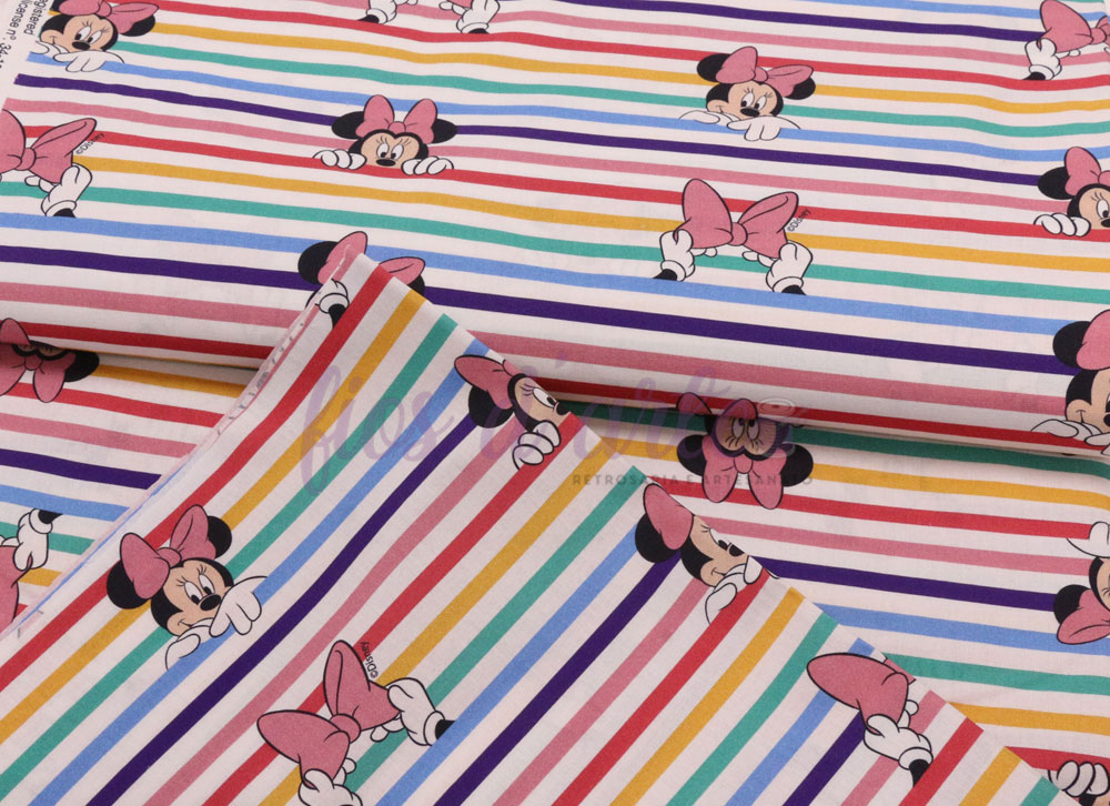Tecido Minnie Riscas Multicolor Tecido com riscas coloridas e personagens da Minnie Mouse.