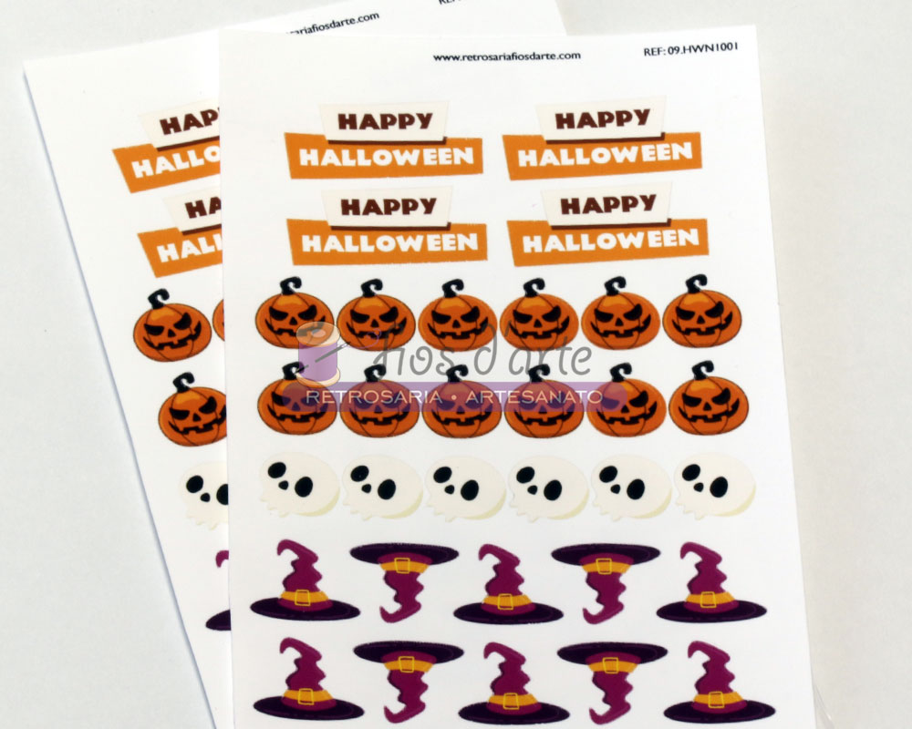 Autocolantes de Halloween com abóboras, fantasmas e chapéus de bruxa
