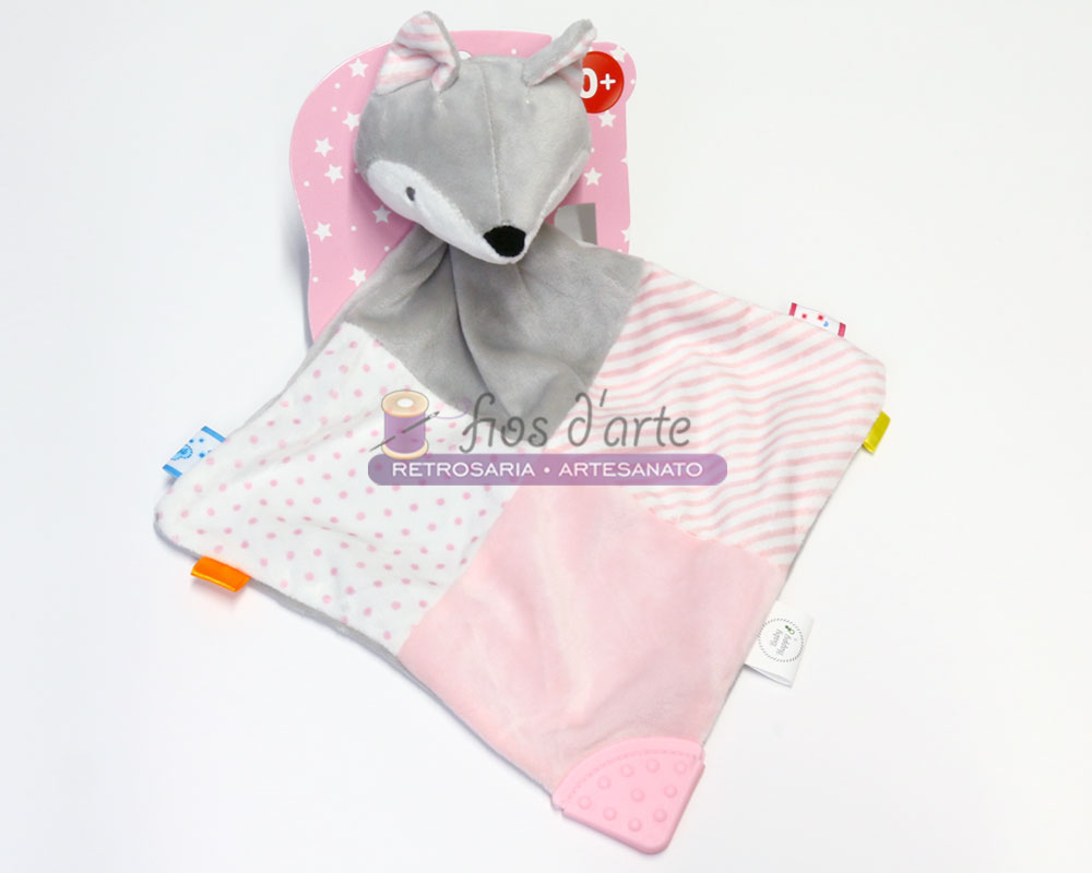 Doudou/ Naninha com mordedor Paninho de apego para bebé com cabeça de raposa cinza e tecido rosa e branco