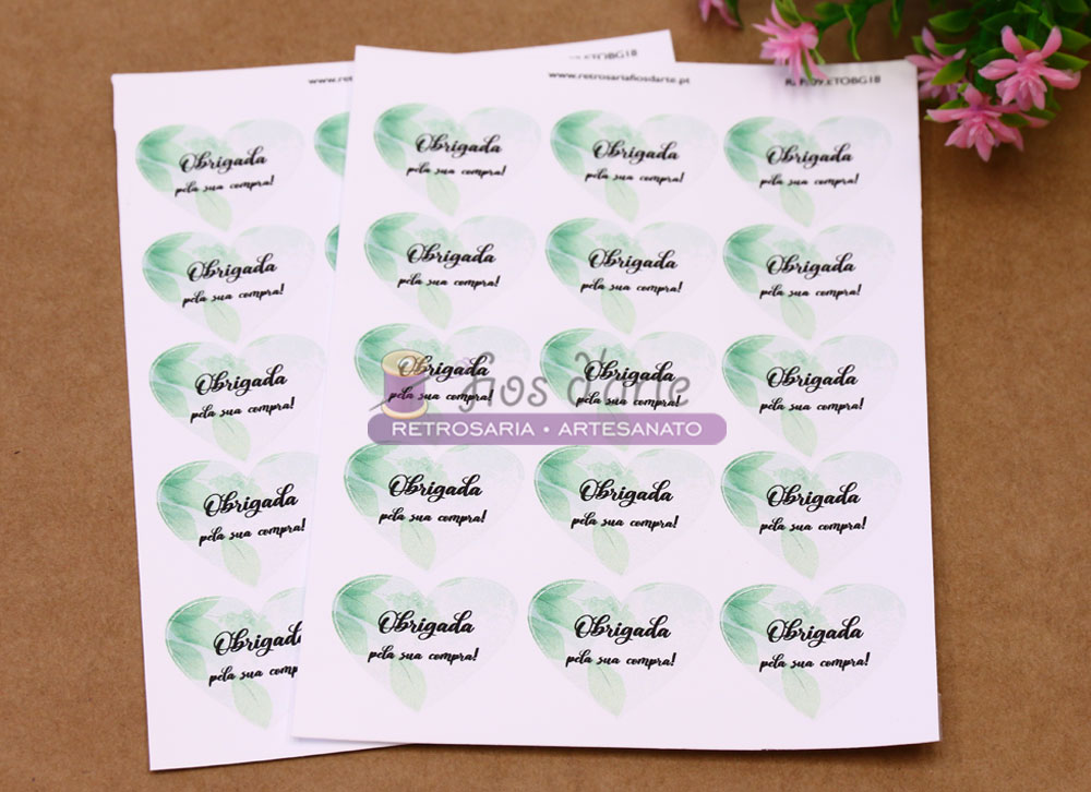 Folhas de etiquetas adesivas com folhas verdes e texto de agradecimento