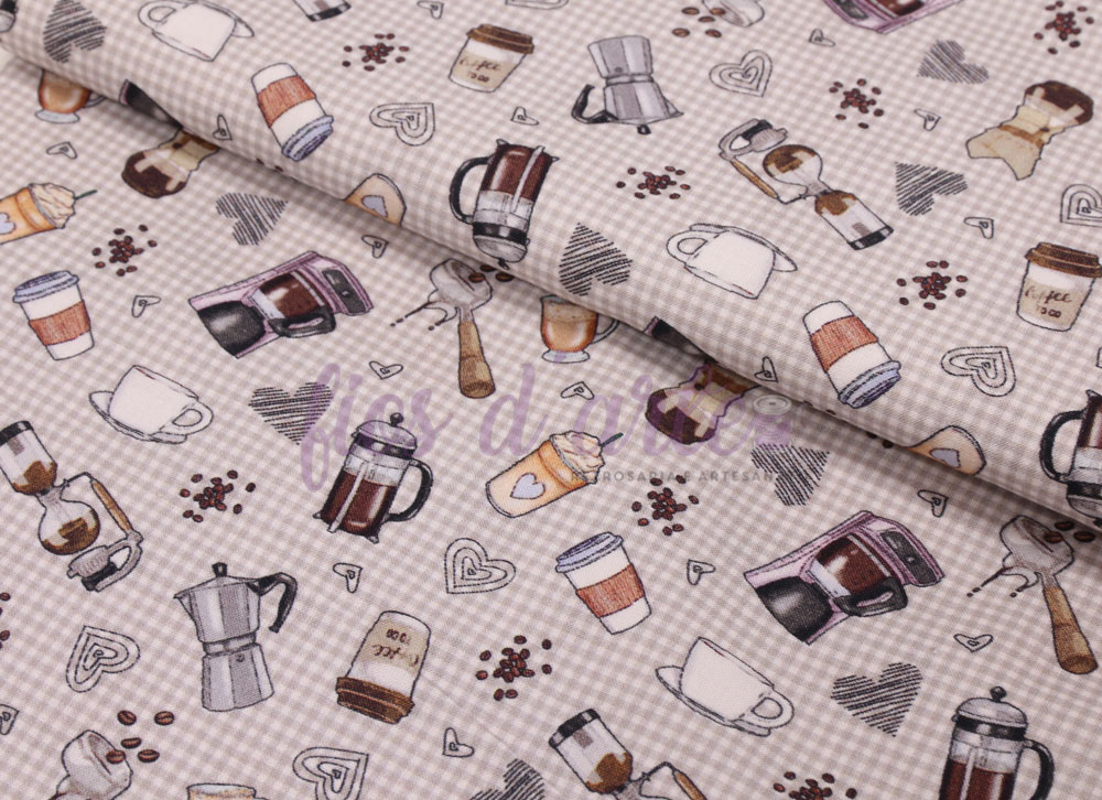 Tecido Café (Indigo Fabrics) Tecido bege com padrão de utensílios e xícaras de café desenhados