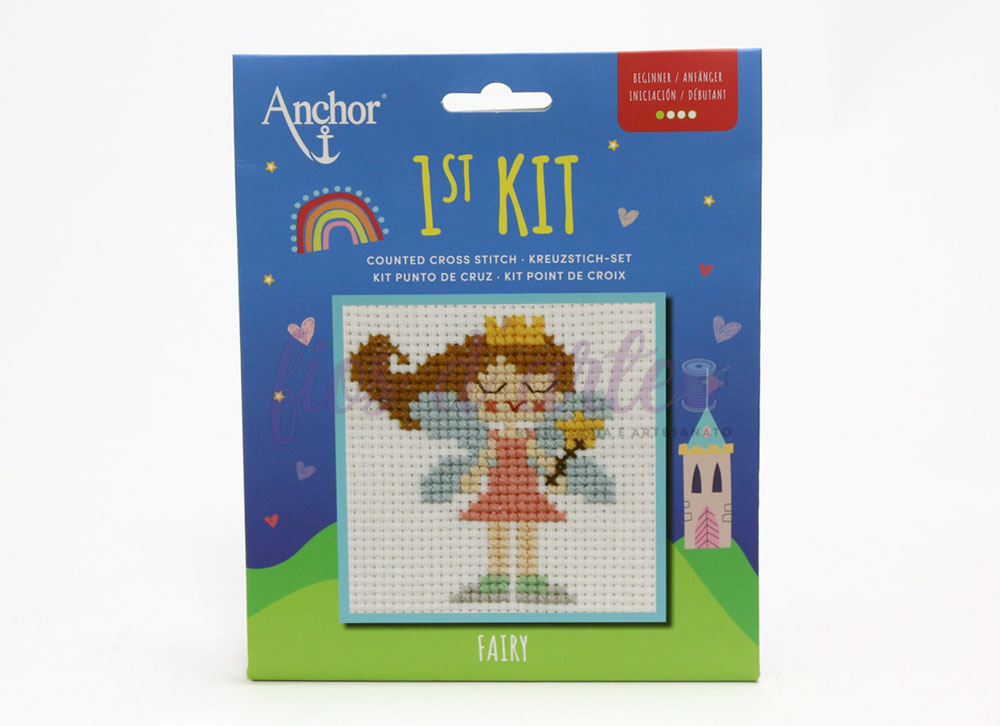 Kit de ponto cruz Anchor com desenho de fada e embalagem azul com arco-íris