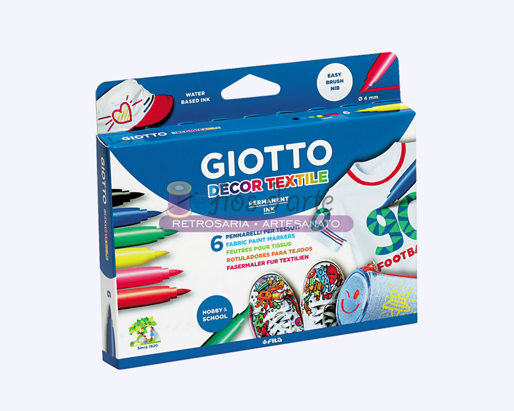 Caixa azul de marcadores Giotto Decor Textile para tecido, seis cores, com texto e imagens de aplicação em têxtil.