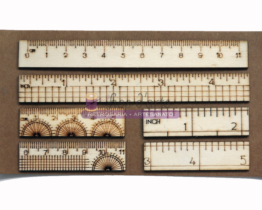Conjunto de 6 réguas em Mdf (Papermania) Réguas e transferidores de madeira com marcações e números