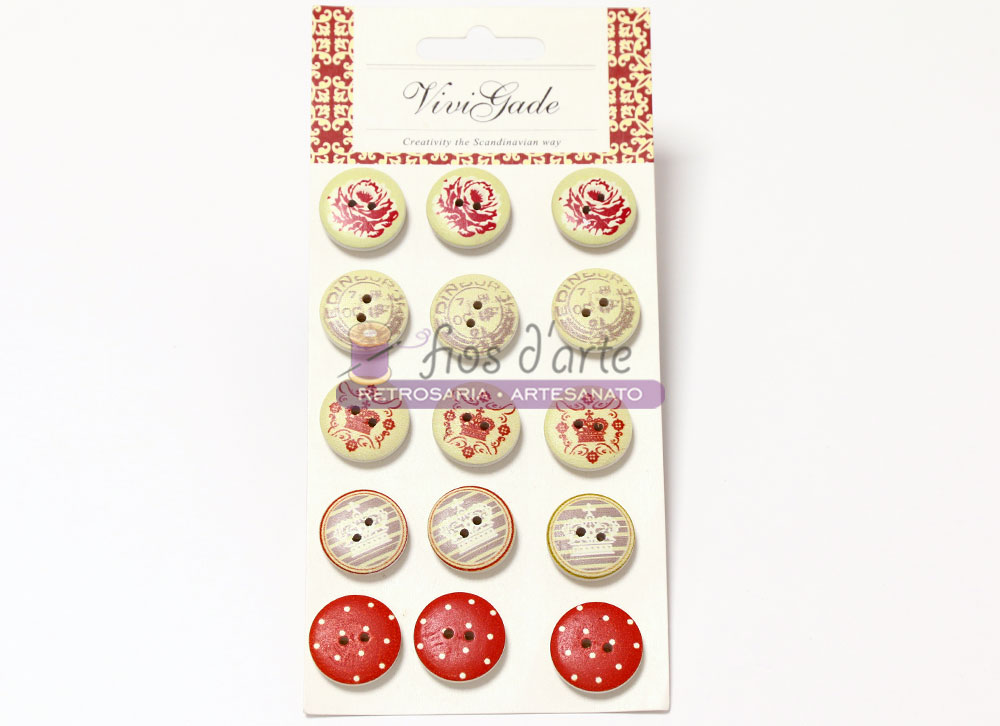 Cartela de botões decorativos redondos em madeira com padrões florais e bolinhas, embalagem Vivia Gade.