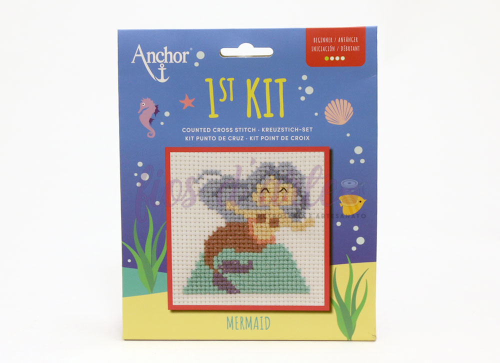 Kit de ponto cruz infantil Anchor com tema de sereia em embalagem colorida