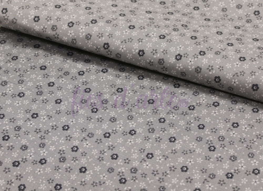 Tecido cinzento com padrão de pequenas flores pretas e brancas