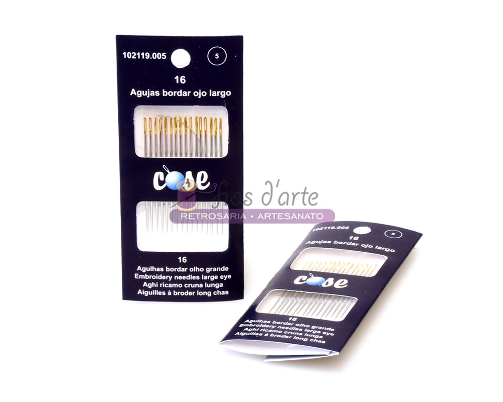 Agulhas de bordar/costurar olho largo, ponta fina (Cose) - Tam 5 Conjunto de 16 agulhas para bordar olho largo em embalagem preta