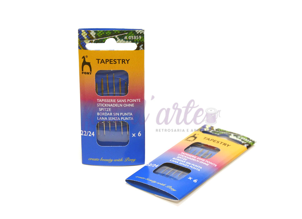 Agulhas de bordar sem ponta (Pony) - Tam 22/24 Caixa e embalagem de agulhas TAPESTRY da Pony em cores amarelo, laranja e azul.