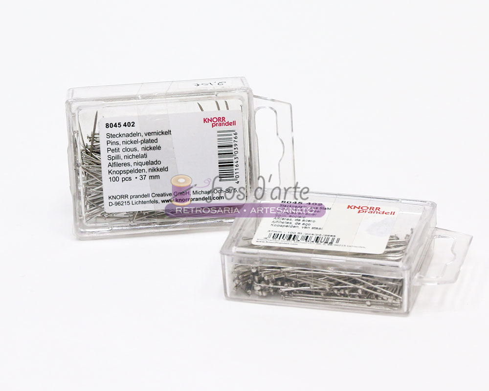 Alfinetes de aço (Knorr prandell) - 37mm Duas caixas transparentes com alfinetes prateados de cabeça perolada e etiquetas com texto em alemão e inglês