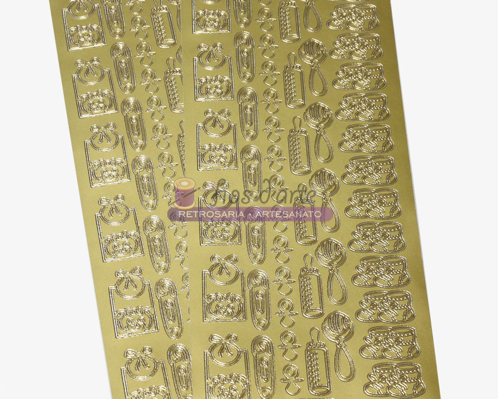 Folha de autocolantes metálicos dourados com formas de candados e chaves