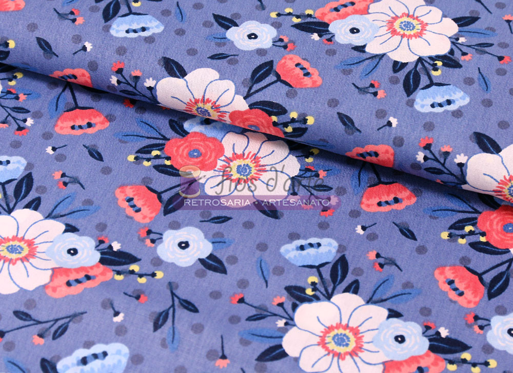 Tecido Fancy Floral (Fabricart) tecido azul com padrão floral colorido