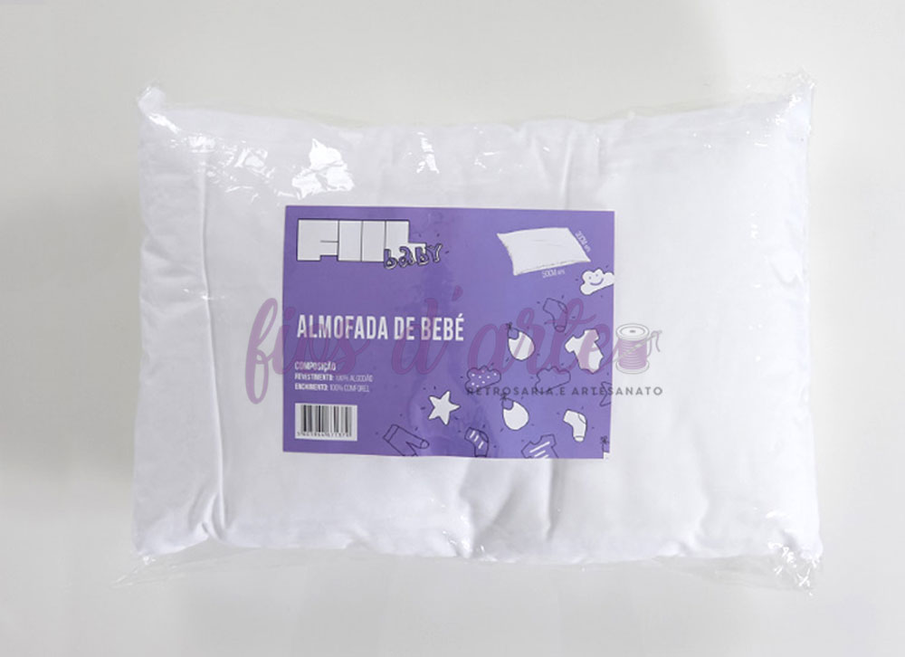 Almofada bebé hipoalergénica (50x30cms) Almofada de bebé branca embalada em plástico com etiqueta roxa