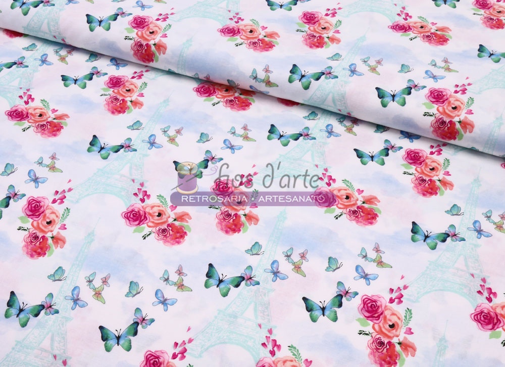 Tecido estampado com flores, borboletas e Torre Eiffel em fundo branco