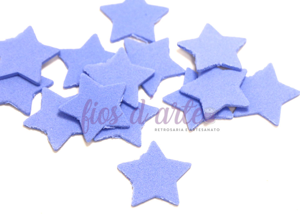 Estrelas decorativas azuis em EVA com texto 'fios d'arte'
