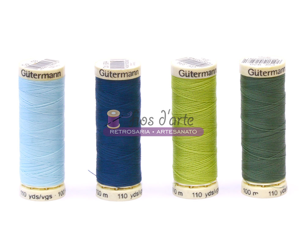 Linha costura Cosetudo 100mt (Gütermann) - azuis e verdes Quatro carretéis de linha Gütermann em diferentes tons de azul e verde