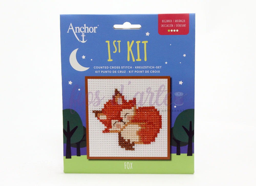 Embalagem azul de kit de bordado com imagem de raposa
