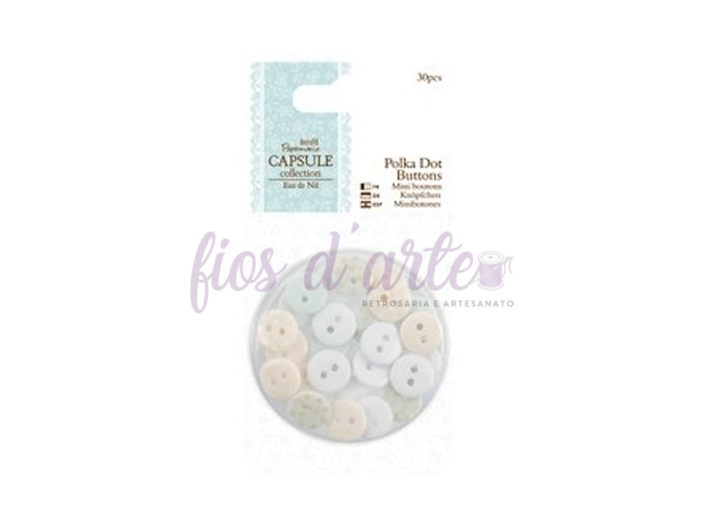 Conjunto de 30 Botões Polka Eau de Nil Pacote de botões polka dot em embalagem transparente com etiqueta azul