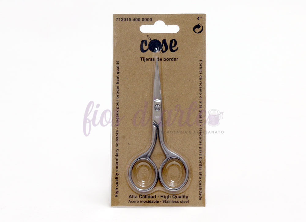Tesoura para bordar 4" - 10cms (Cose) - recta Tesoura de bordar em embalagem castanha com texto