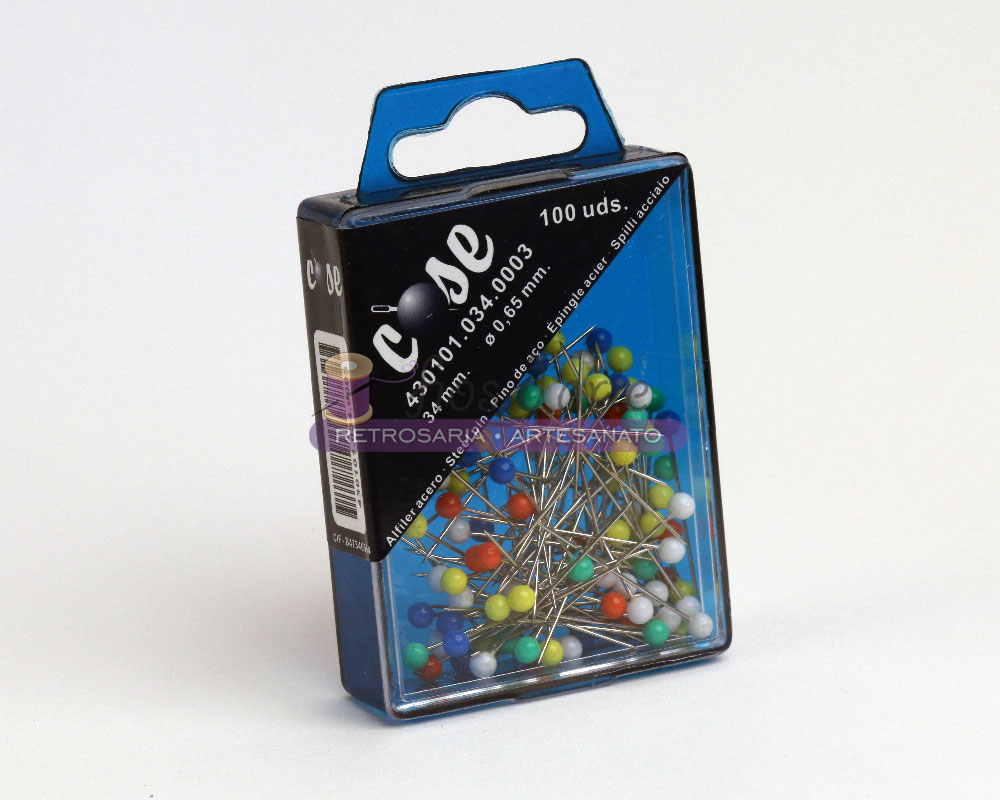 Alfinetes de aço (Cose) - 34mm Caixa de alfinetes coloridos com tampa azul