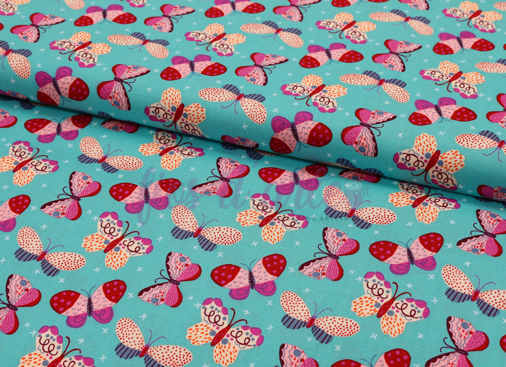 Tecido Homeward Borboletas (Free Spirit) - azul turquesa Tecido azul turquesa com padrão de borboletas coloridas