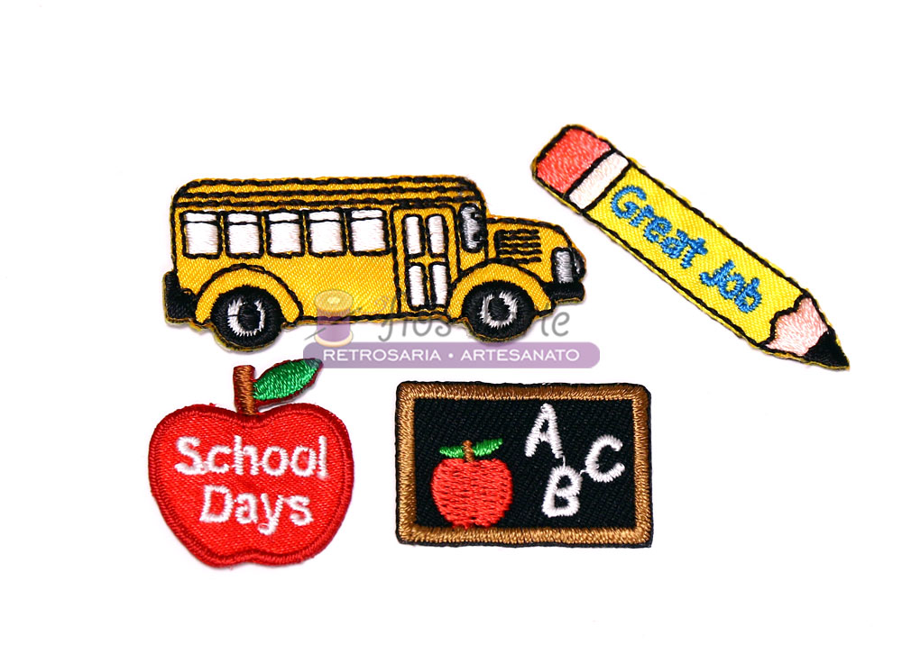 Aplicações termocolantes Escola - conj. 4 Aplicações de feltro com temas escolares como autocarro, lápis, maçã e quadro negro