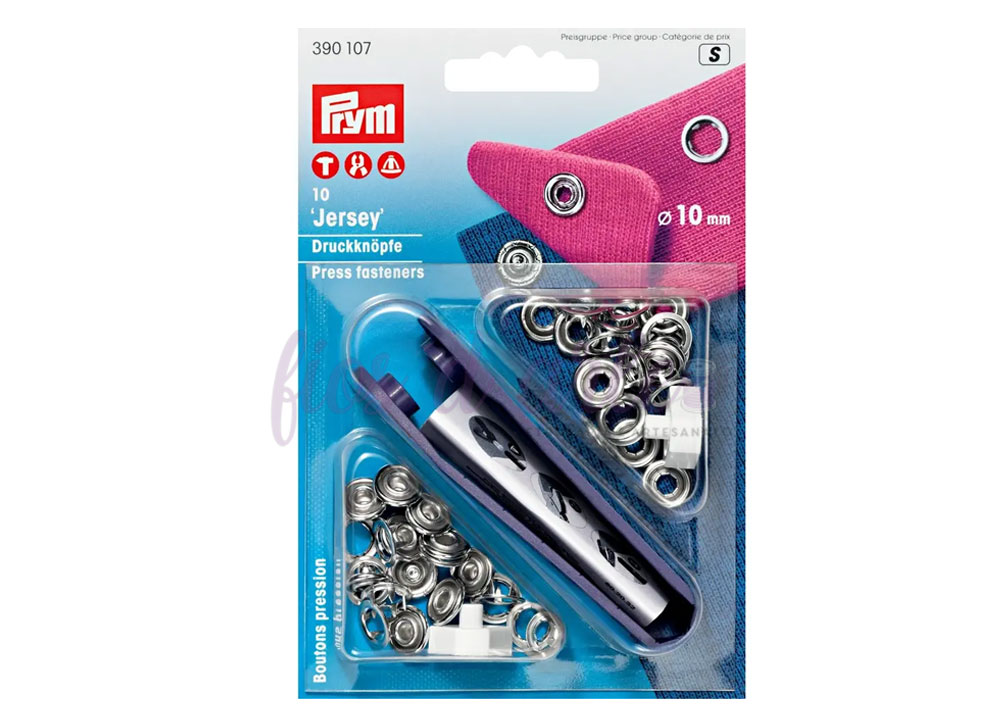 Embalagem Prym com 10 botões de pressão metálicos e ferramenta para aplicar
