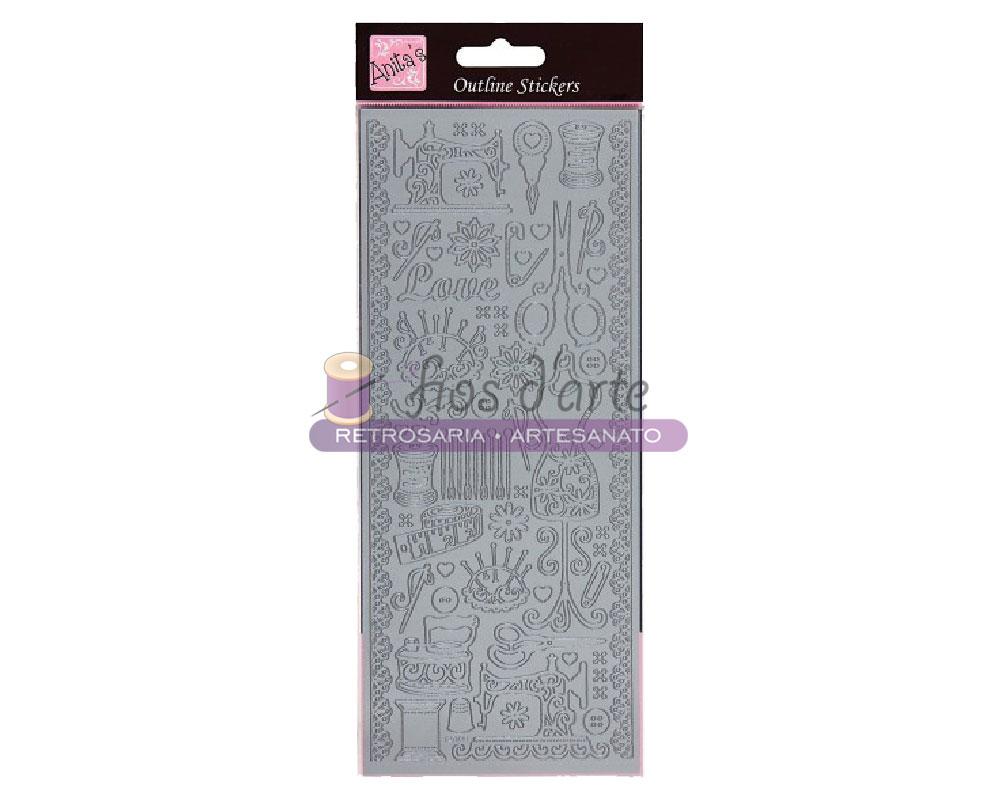 Etiqueta adesiva Costura (Docrafts) Pacote de autocolantes online com desenhos de costura em fundo cinza