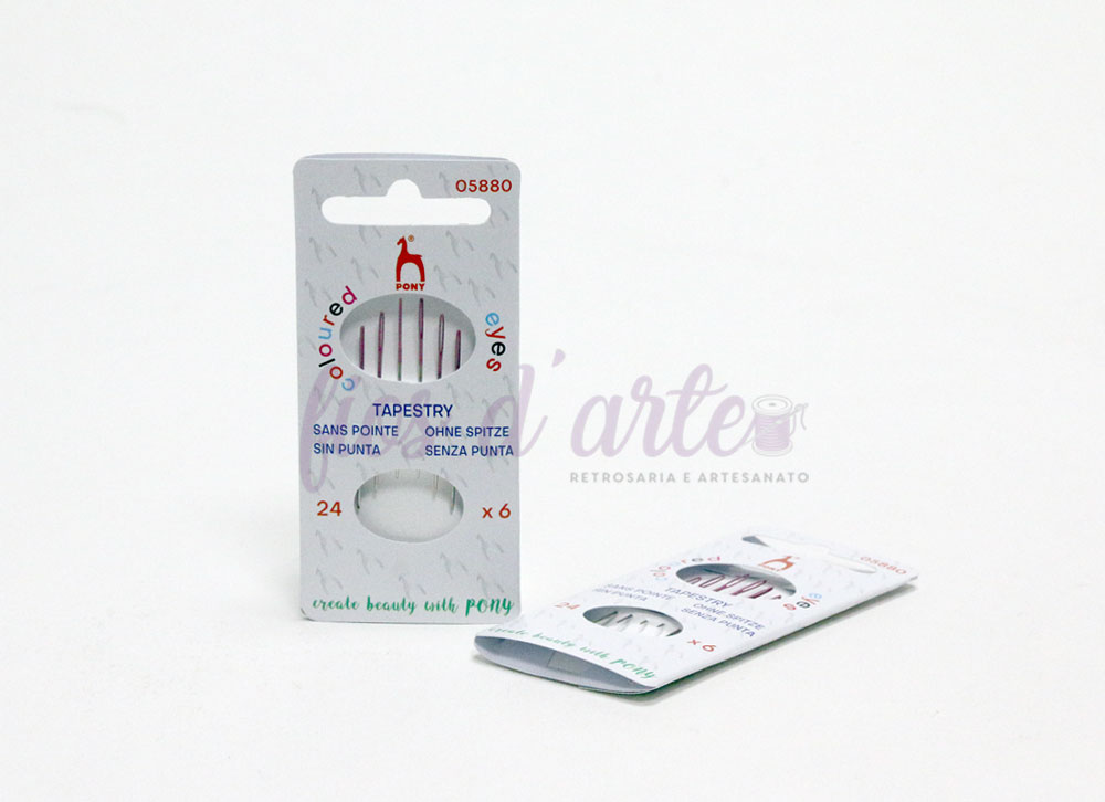 Agulhas de bordar sem ponta (Pony) - Tam 24 Embalagem de agulhas para tapeçaria PONY branca com agulhas coloridas