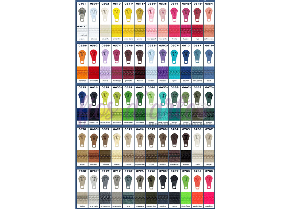 Fecho a metro malha 3 (Cose) Tabela de cores com amostras e códigos numéricos organizados em colunas e linhas.