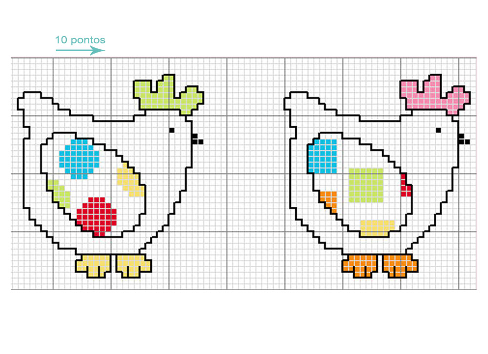 Padrão de ponto cruz de duas galinhas coloridas sobre papel quadriculado