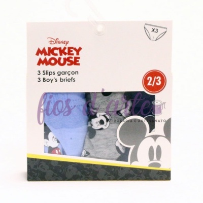 Embalagem de três slips Disney Mickey Mouse para menino, cores azul, cinza e lilás.