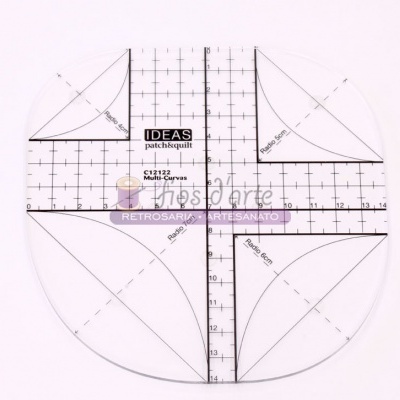 Régua transparente quadrada arredondada com marcações em centímetros e texto central