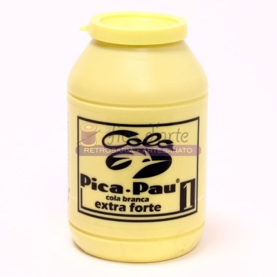 Frasco amarelo de cola branca extra forte Pica-Pau com rótulo preto e amarelo