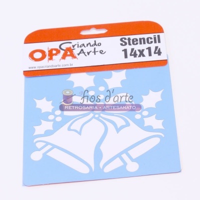 Stencil plástico azul com padrão de sinos e estrelas em embalagem laranja e branca