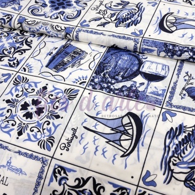 Tecido com padrão de azulejos portugueses em azul e branco