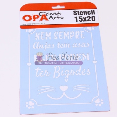 Stencil azul claro com texto e desenhos de bigodes e patinhas de gato em branco, embalagem vermelha e branca OPA Criando Arte