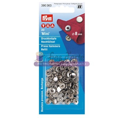 Embalagem azul com botões de pressão metálicos PRYM 'Mini' 8 mm