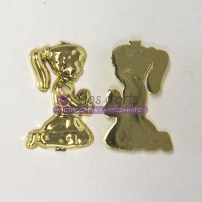 Dois pins dourados em forma de menina com rabo de cavalo, sobre papel branco com texto.