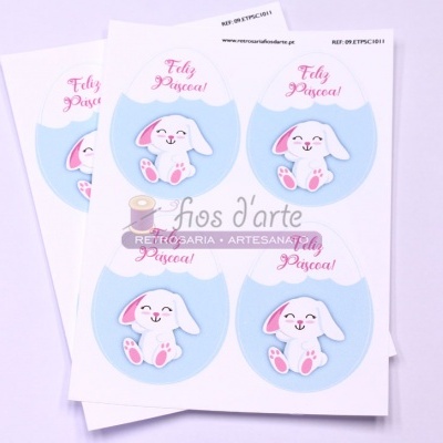 Etiquetas adesivas redondas com coelho e texto Feliz Páscoa