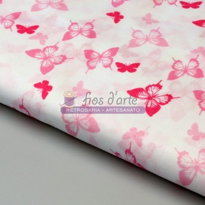 tecido branco com borboletas vermelhas e rosas e etiqueta ros d'arte