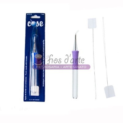 Aplicador de cola com cabo roxo, fios metálicos e embalagem azul