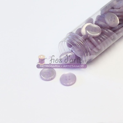 Frasco aberto com botões lavanda de plástico e logotipo fios d'arte