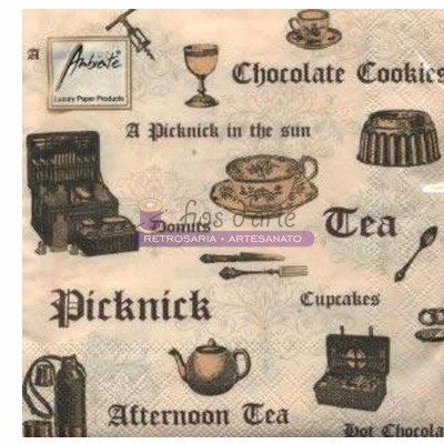 Papel decorativo vintage com ilustrações de chá e acessórios em sépia e preto