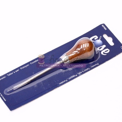 Punção com cabo de madeira e ponta metálica em embalagem azul