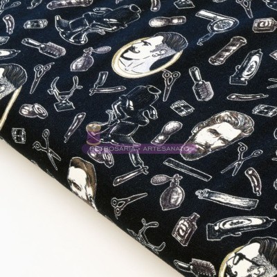 Tecido preto com padrão de elementos de barbearia e cuidados pessoais