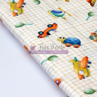 Tecido infantil estampado com avião, tartaruga e carrinho