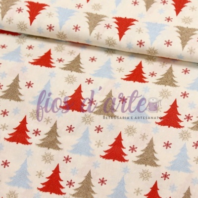 Tecido estampado com árvores de Natal coloridas e flocos de neve